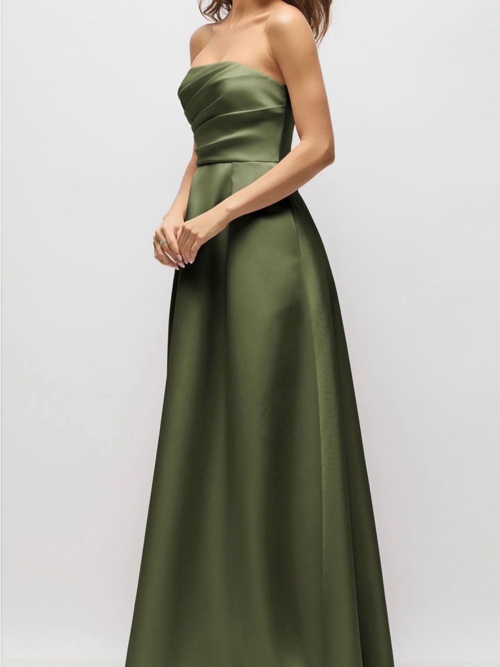 ALFRED SUNG Strapless Olive Satin Evening Dress